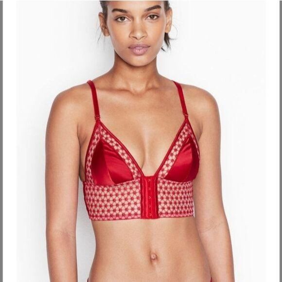 Victoria's Secret Starburst Long Line Lipstick Red Embroidered Bra Size Large - Picture 1 of 7
